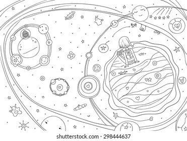 unusual meeting in space, love at first sight.vector contour illustration