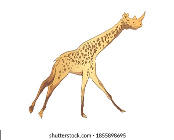 Unusual mixture of animals. Giraffe with a rhinoceros head. Hybrids species sketch. Fantasy art. Vector illustration clip art. 