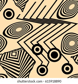 Unusual modern abstract seamless background with elements of optical illusion. Black and beige texture. Style op art, pop art. Can be used for textile or packing.