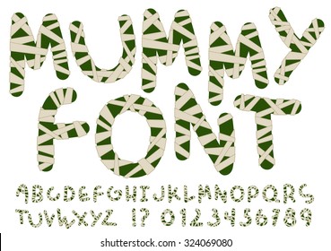 Unusual mummy style alphabet. Hand drawn dark green letters and numbers wrapped with beige bandages isolated on white background. Ideal font for a halloween party posters and invitations.