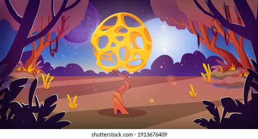 Unusual mushroom in forest swamp on alien planet. Vector cartoon fantasy illustration of fantastic yellow tree with holes. Fairy tale game background about alien magic woods