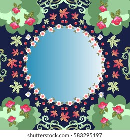 Unusual natural pattern with round mirror and decorative floral frame. Beautiful vector illustration.