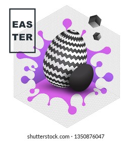 Unusual, non-standard, strange abstract easter card. Easter egg with geometric ornament on the background of bright blot in an isometric cube. 3d realistic vector trend concept.