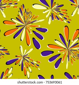 Unusual optical illusion executed in the form of moving orange, blue and yellow ovals. Bright decorative abstract seamless background. Can be used as pattern for textile, packing and more.