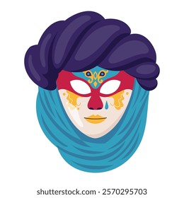 Unusual, in oriental style carnival mask with turban and veil. Mardi gras holiday masque. Venetian masquerade party face disguise accessory capturing spirit of celebration. Vector flat illustration