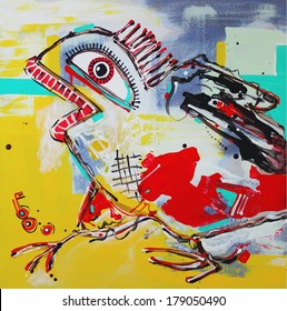 Unusual original abstract art composition of crazy bird. Autotrace image. Vector illustration. Acrylic painting