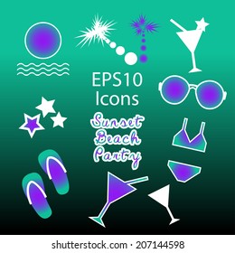 Unusual original set of beach party icons. Vector.