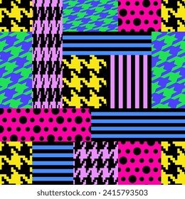 Unusual patchwork created in form of rectangles with houndstooth, polka dot, stripes. Seamless pattern created in colors and shapes that complement each other. For fabric print, wrapping etc. Vector.