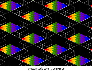 Unusual pattern, color rhombuses and black structure, modern art