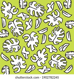 An unusual pattern consisting of hand-drawn monstera leaves. Monstera deliciosa. Vector seamless botanical pattern. For graphic and textile projects. The jungle at home. Exotic greenery and naturalnes