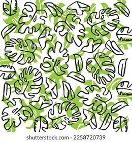 An unusual pattern consisting of hand-drawn monstera leaves. Monstera deliciosa. Vector seamless botanical pattern. For graphic and textile projects. The jungle at home. Exotic greenery and naturalnes