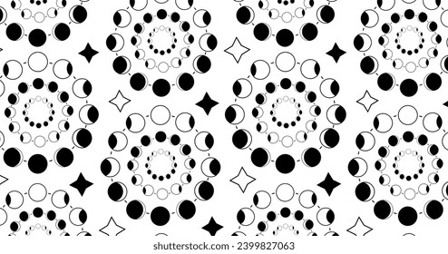 an unusual pattern of phases of the moon and stars. seamless black and white pattern in vector. For fabric, cards, wallpaper, notepaper, design decoration