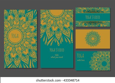 Unusual pattern for yoga studio or class. Vector editable template with front and back side visit cards and flyer. Banner set for web.