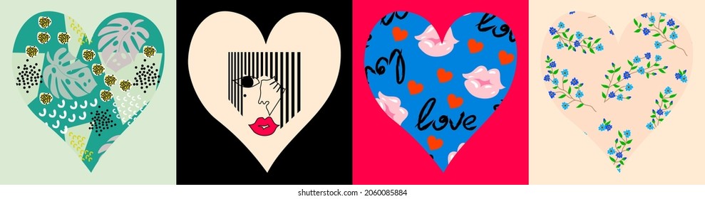 Unusual patterns set for fabric and clothing made in form of isolated hearts with different prints. For fashion design, home decor, graphic design, scrapbooking. Vector illustration.