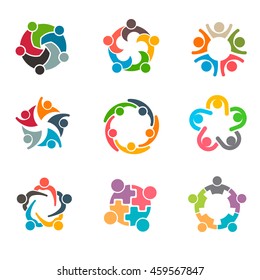 Unusual People Group Set. Group of persons in teamwork and collaboration activity. Vector graphic design