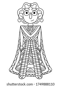 Unusual personage coloring book page for kids and adults. Funny cartoon young hero. Black outline isolated on white. Full length stylized men sketch. 