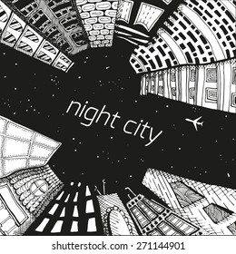 unusual perspective of the city, drawn sketch, vector illustration