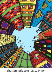 Unusual Perspective Of The City, Drawn Sketch, Vector Illustration