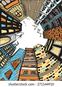 unusual perspective of the city, drawn sketch, vector illustration