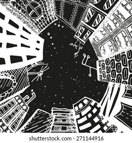 unusual perspective of the city, drawn sketch, vector illustration