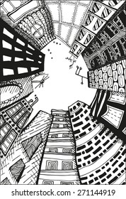 Unusual Perspective Of The City, Drawn Sketch, Vector Illustration