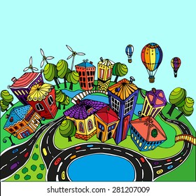 Unusual Perspective Of The City, Drawn Sketch, Vector Illustration