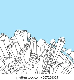 unusual perspective of the city, drawn sketch, vector illustration