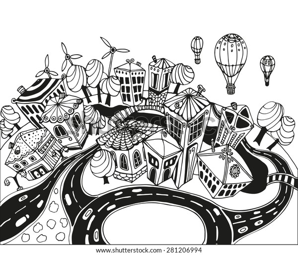 unusual perspective of the city, drawn\
sketch, vector\
illustration
