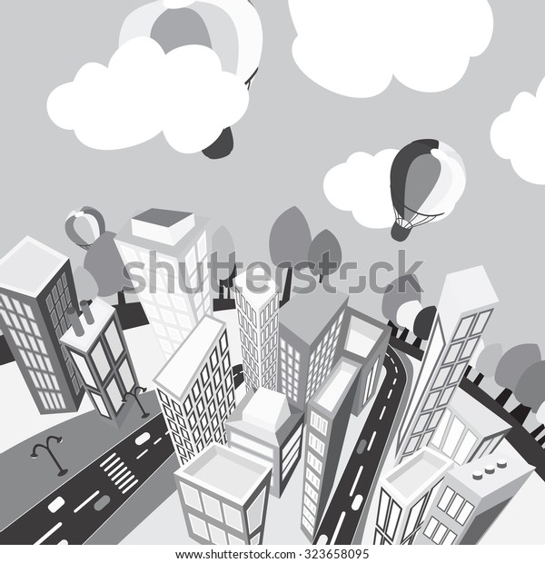 unusual perspective of the city, drawn\
sketch, vector\
illustration