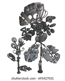 Unusual plant with butterfly made of steel and metallic gears . Creative steampunk mechanical object. Vector illustration.