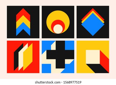 An unusual popular geometric pattern in modern design. Creative abstract background for business and design ideas. Free vector. Figures circle square cross line zig zag triangle. Art graphic mural.