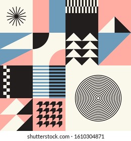 An unusual popular geometric pattern in modern design. Creative abstract background for business and design ideas. Free vector. Figures circle square cross line zig zag triangle.