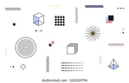 An unusual popular geometric pattern in modern design. Creative abstract background for business and design ideas. Free vector. Figures circle square cross line zig zag triangle.