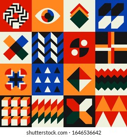 An unusual popular geometric pattern in modern design. Creative abstract background for business and design ideas. Free vector. Figures circle square cross line zig zag triangle.