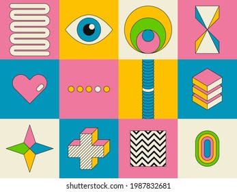 An unusual popular geometric pattern in modern design. Creative abstract background for business and design ideas. Free vector. Figures circle square cross line zig zag triangle. Art graphic mural.