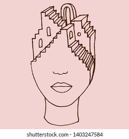 Unusual portrait with architectural details on the head. Hand-drawn vector surreal illustration for your stylish design.