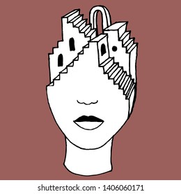 Unusual portrait with architectural details on the head. Hand-drawn vector surreal illustration for your stylish design.
