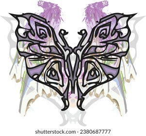Unusual purple-black butterfly wings against colored horse splashes on white. Detailed floral butterfly symbol for textiles, business concepts, tattoos, fashion trends, graphics on vehicles, emblems 