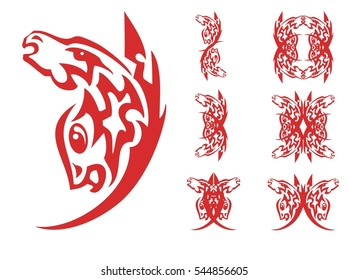Unusual red peaked symbols. Tribal symbol formed by the head of a horse and-headed fish, double symbols. Red on the white