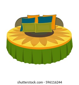 Unusual round bed.Bed with cushions in the form of a yellow flower.Bed single icon in cartoon style vector symbol stock illustration.
