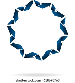 Unusual round blue 3D arrows frame in flat style icon with shadow.