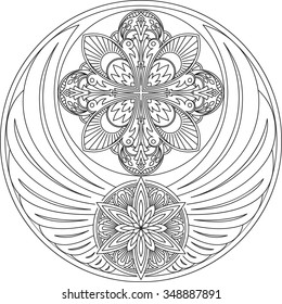 The unusual round design with wings and two mandalas. It can be used for a logo, decoration, tattoos and anti-stress therapy.