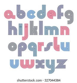 Unusual rounded colorful font created from parallel lines. Vector stylish lower case letters, typescript best for use in web design and posters print.