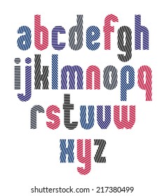 Unusual rounded typescript with diagonal parallel lines, colorful circle lowercase letters isolated on white background.