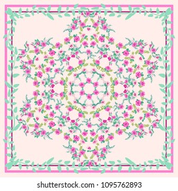 Unusual scarf floral print. Modern style millefleurs. Floral pretty background for scarf print, textile, covers, surface, scrapbooking, decoupage. Bandana, pareo, home textile design