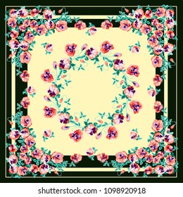 Unusual scarf floral print. Modern style millefleurs. Floral pretty background for scarf print, textile, covers, surface, scrapbooking, decoupage. Bandana, pareo, home textile design