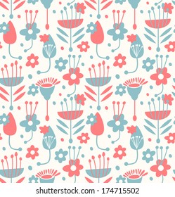 Unusual seamless floral pattern. Decorative doodle background with stylized flowers and leaves