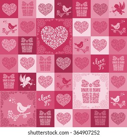 Unusual seamless patchwork pattern from different symbols of Valentines Day in Moroccan tiles style. Design element for Valentines Day and Wedding Day. Vector illustration.