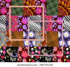 Unusual seamless patchwork pattern in vector. Patches with flowers, paisley, stripes and ornamental frame.