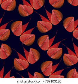 Unusual seamless pattern with abstract eyes placed randomly on black background. Red color tints, halftones, watercolor effect.